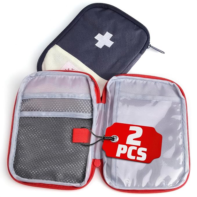 BURIUS First Aid Bag Empty 2 Pcs, Small Travel Medical Pouch with Zipper | Multiple Compartments Organize Bandages and Supplies - 7.1 x 5.1 In Compact Cases for Camping, Hiking, or Outdoor Adventures