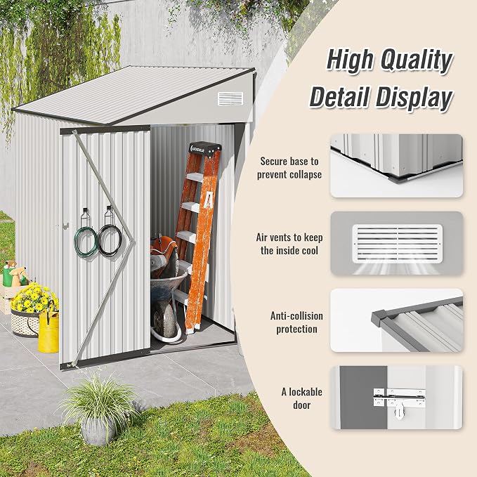 4x8FT Metal Storage Shed, Sloping Roof, Single Hinge Door, White | Outdoor Tool Shed | Ventilation Windows | Waterproof | Protective Film | for Patio, Lawn and Utility Equipment