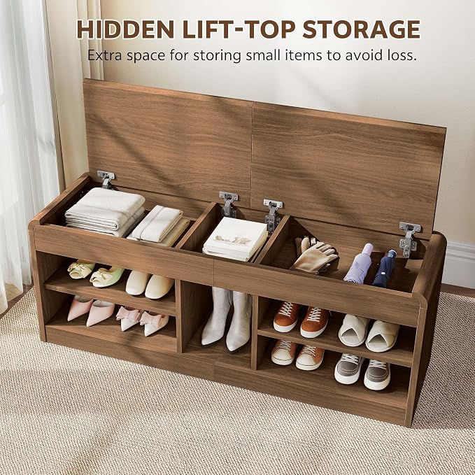 Shoe Storage Bench with Flip-Open Box & Shelf, Walnut | 47.2in Bench Fits Hallways, Bedrooms And Living Room, With Sturdy Wood Construction For Daily Use