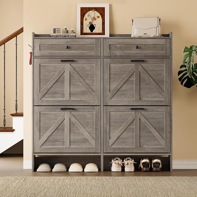 BORNOON Shoe Storage Cabinet for Entryway, Farmhouse Wide Shoe Cabinet with 4 Flip Drawers and 2 Top Drawers, Freestanding Organizer with Adjustable Shelves, Hooks, and Anti-Tip Kit for Hallway