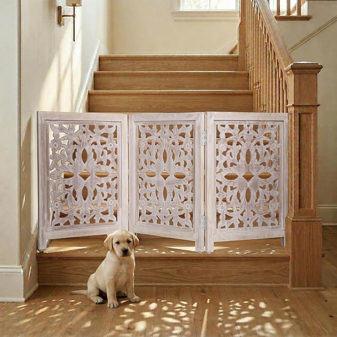 Lightnpro 3-Panel Carved Wooden Dog Gate – 54 Inch Foldable Freestanding Pet Barrier, White Wash Indoor Safety Fence for Small Dogs & Puppies – 24x18 Inch Panels