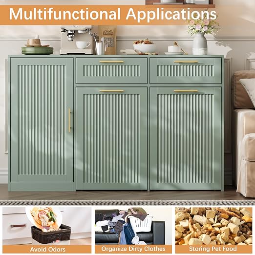 2 X 13 Gallons Double Pull Out Trash Can Cabinet with Storage, Green | 54"W Fluted Kitchen Trash Cabinet with Adjustable Shelf & Drawers, Hidden Pet Proof Trash Can Holder for Laundry Living Room