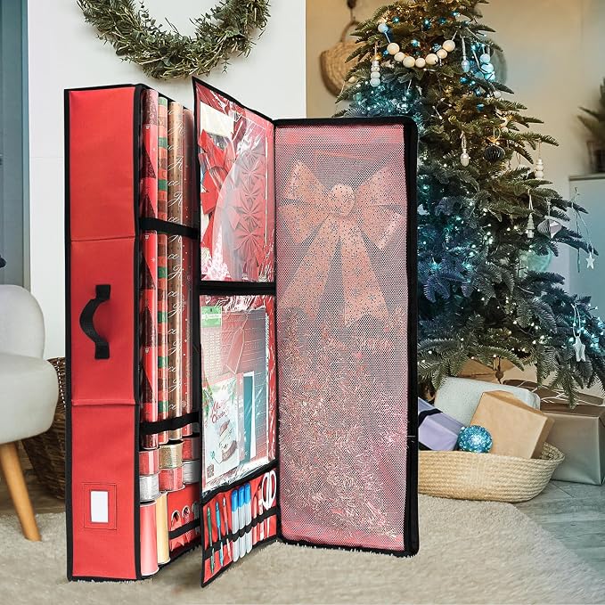 Hearth & Harbor Wrapping Paper Storage Container - Christmas Storage Bag with Ribbon Dispenser and Interior Pockets - Gift Wrap Organizer Fits Up to 26 Rolls of 40" Length, Red