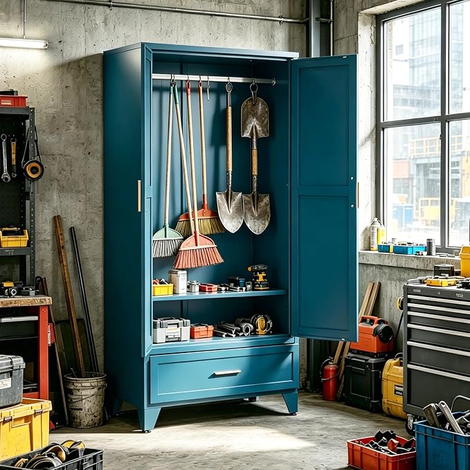 71" H Blue Storage Cabinets,Metal Storage Cabinets,Garage Cabinet,Broom Closet Storage Cabinet,Utility Cabinet