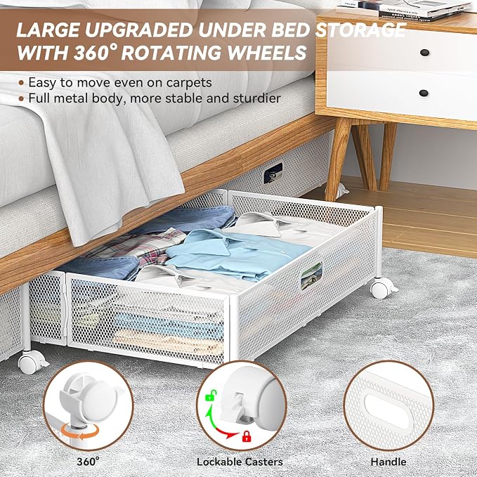 Under Bed Storage with Wheels & Handle,Metal,Large,2 Pack,White | Tool-free assembly, glide smoothly, easy reach, foldable, maxmazie low-profile beds, dorm, keep seasonal clothes, shoes fresh