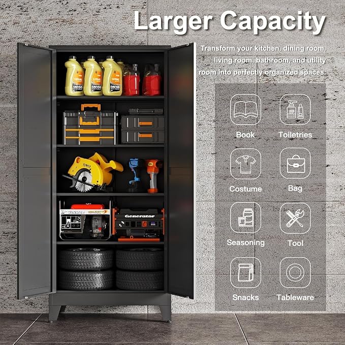 71" H Metal Garage Storage Cabinets,Black Storage Cabinets,Broom Closet Storage Cabinet,Utility Cabinet,