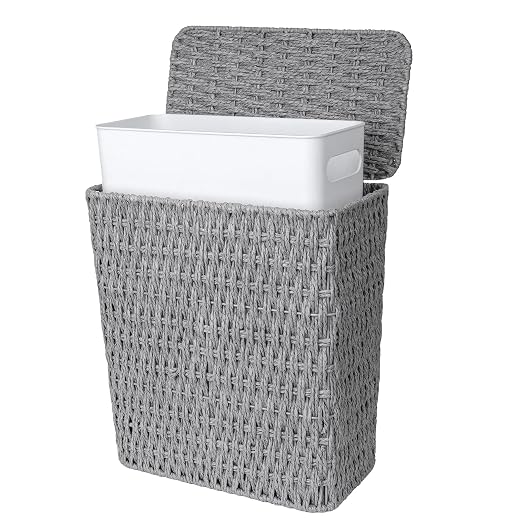 Wicker Trash Can,3 Gallon Bathroom Trash Can with Lid,Handwoven Paper Rope Rattan Waste Basket with Removable Liner and Built-in Handles for Bedroom,Toilet,Narrow Spaces,Grey