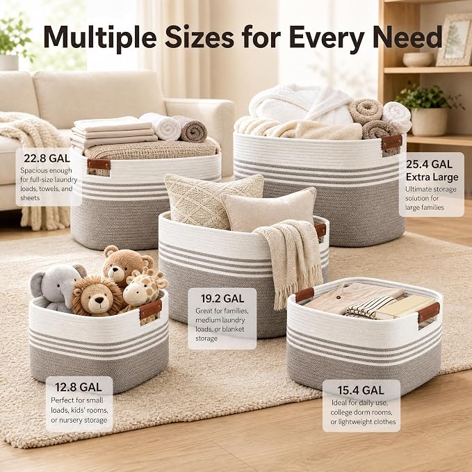 Cotton Rope Laundry Basket Medium, 15.4GAL Collapsible Woven Storage Baskets for Living Room Kids Toys Stuffed Animal,Boho Rectangular Decorative Short Hamper for Dirty Clothes, Blankets White Brown
