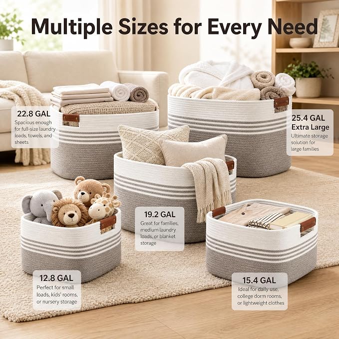 Cotton Rope Laundry Basket Small, 12.8GAL Collapsible Woven Storage Baskets for Living Room Kids Toys Stuffed Animal,Boho Rectangular Decorative Short Hamper for Dirty Clothes, Blankets White Brown