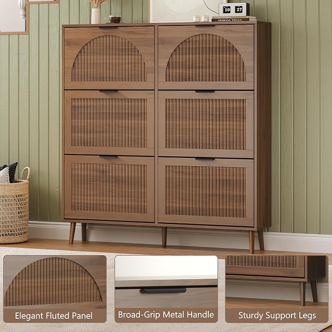 BORNOON Shoe Cabinet for Entryway with 6 Flip Drawers, Slim Wooden Shoe Storage Organizer with Modern Fluted Pannel，Freestanding Narrow Hidden Shoe Rack for Hallway, Foyer, Living Room