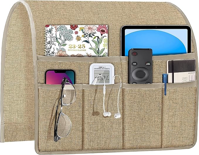 Joywell Arm Chair Caddy Remote Control Holder Organizer for Recliners Couch Armrest Organizer Non Slip with 6 Pocket Storage for Magazine, Tablet, Phone, iPad, Khaki