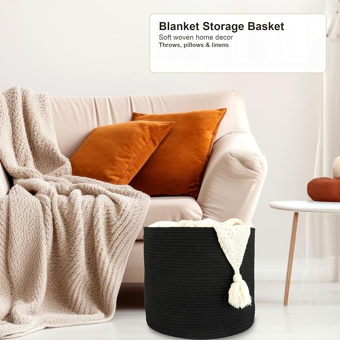 XUANGUO Cotton Rope Basket For Girls Boys Kids 16”X14” Black | Baby Laundry Baskets, Blanket Basket, Nursery Bin; Round Woven Basket Organizer for Toy Storage, Blankets, Shoes and Clothes