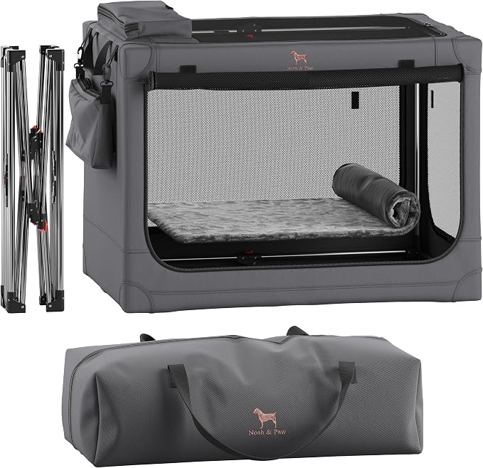Noah & Paw Collapsible Dog Crate 30 Inches, Large Dog Crate for Large Medium Breeds, Travel Kennel for Car, Including Pet Mat for Pet Cage, 2 Storage Pockets, Handbag, 10mm Locking Zipper 30*21*21