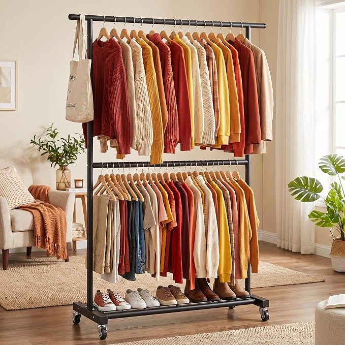 Sywhitta Double Rod Metal Clothing Rack on Wheels with Bottom Mesh,Black | Rolling Garment Organizer, for Hanging Clothes,Coats,Easy to Assemble,Space-Saving,Mobile Organizer for Closet