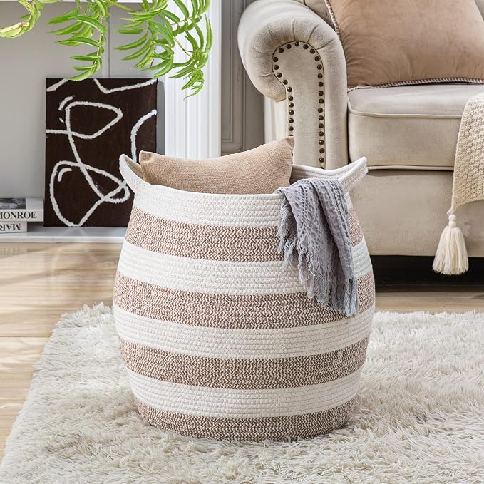 KAKAMAY Woven Baskets for Storage(17"x17"),Large Cotton Rope Woven Baby Laundry Hamper,Collapsible Laundry Basket, Blanket Basket for Organizing Living Room,Nursery,Pillows,Toy Chest(Rose)