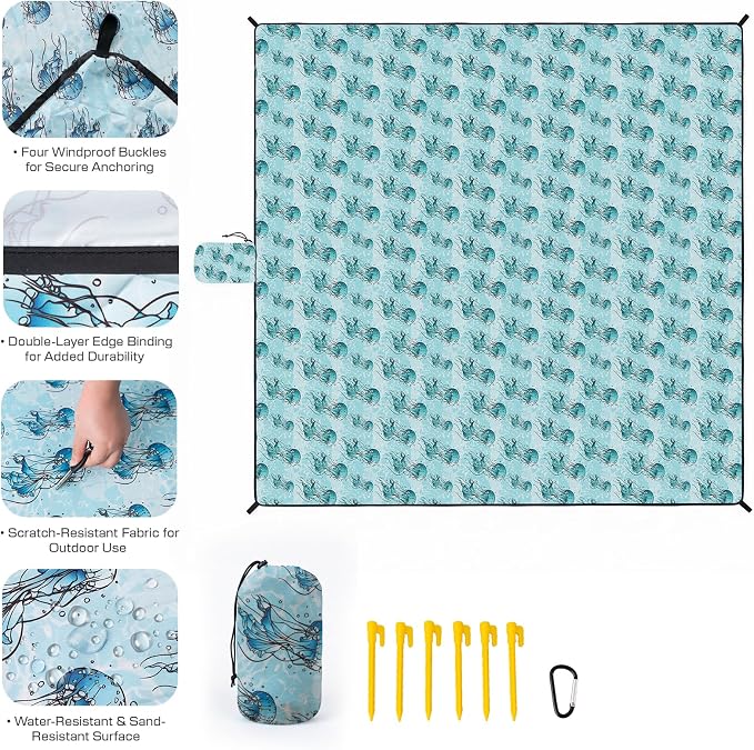 OIGAE Beach Blanket Waterproof Sandproof Oversized Beach Mat | Picnic Mat with Stakes, Storage Bag - Essentials for Outdoor Beach, Picnic,Quick-Dry Lightweight,Windproof Pockets