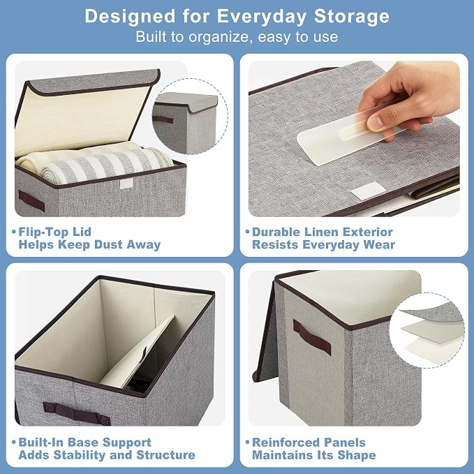 Large 17" 42 Quarts Collapsible Stackable Storage Bins with Lids [3-Pack] Foldable Fabric Linen Storage Boxes Cube, Closet Organizer Baskets with Label for Home (16.7 x 12 x 12, Gray)
