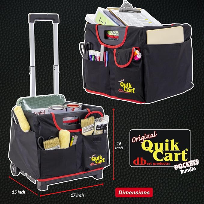 dbest Products Quik Cart Pockets Bundle Sport - 10 Pocket - Black & Red | Rolling Crate with Canvas Organizer Bag, 80 lbs Capacity, Telescoping Handle, Folding Utility Cart