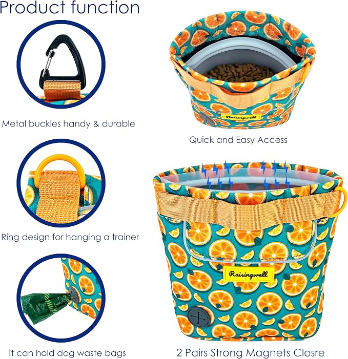 Raisingwell Dog Treat Pouch for Pet Walking and Training with Clicker 2 Cup Silicone Bag Small Fanny Pack Holder for Puppy Snack Dispenser Kit for Leash and Outdoor Use (Fruit Orange)