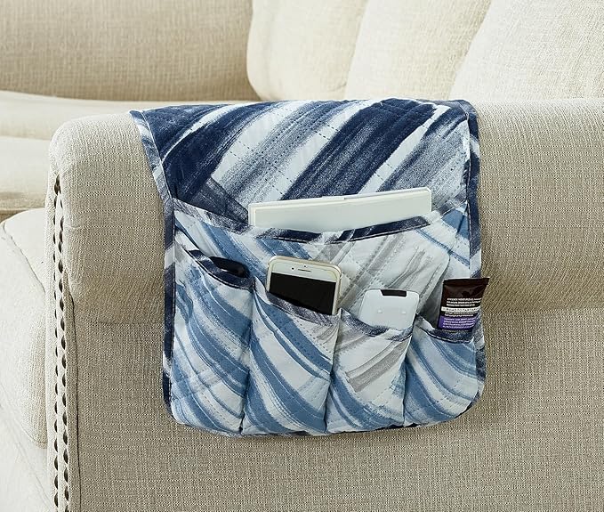 Brilliant Sunshine Blue Grey Stripes Couch Armrest Cover, 35"×13" | Washable Magazine Holder, Armrest Organizer & Caddy on Sofa, Recliner, Armchair, Storage for Remote Controls, Phone, iPad