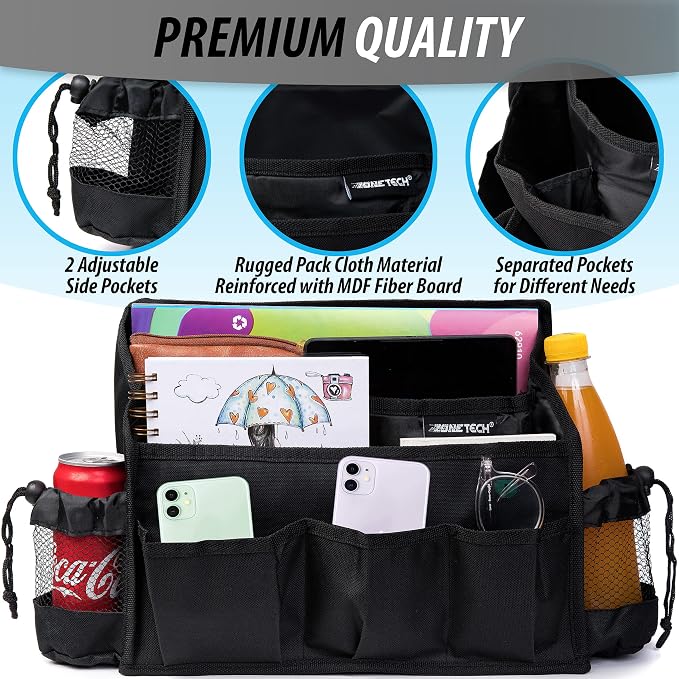 ZONETECH Multi-Pocket Organizer - Classic Black Durable Rugged Pack Cloth Premium Quality compact Car Seat Driver Headrest Organizer