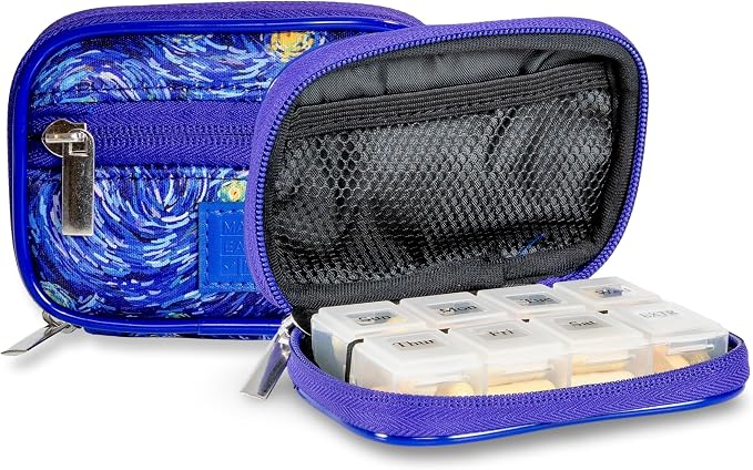 Made Easy Kit Pill Case for Everyday and Travel - 7-Day Weekly Medicine Supplement Vitamin Organizer Sorter Tracker - Neoprene Bag with Pockets - Compact Portable 8 Compartments (Blue Starry Night)