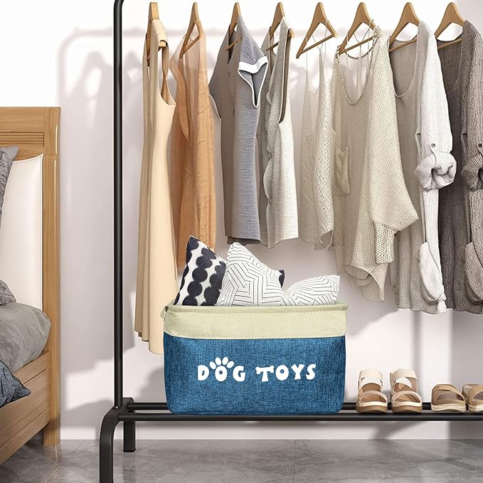 PET ARTIST Dog Toy Basket, Large Collapsible, Navy Blue, M: 15"x11"x9" | Dog Toy Bin Box, Comfortable Handles, Large Pet Toy Storage Organizer, For Accessories, Toys, Coat & Clothing, Blanket Leash