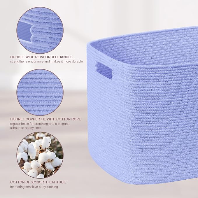 72L Large Woven Laundry Basket Hamper with Handles, Blue Purple | collapsible wicker hamper, storage for dirty clothes, toys, blankets, gifts, living room, bedroom, bathroom, 22"x17"x12"