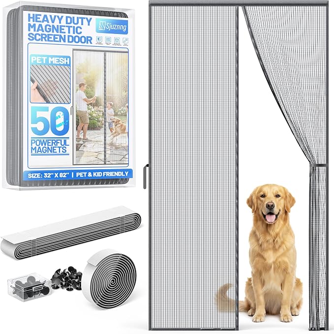 Heavy Duty Magnetic Screen Door Mesh, Door Net Screen with 50 Magnets | Pet & Kid Friendly, Auto-Sealing PET Fine Mesh Doors Screen Keep Bugs Out Fits Front Doors Size 30"x80" - Screen Size 32"x82"