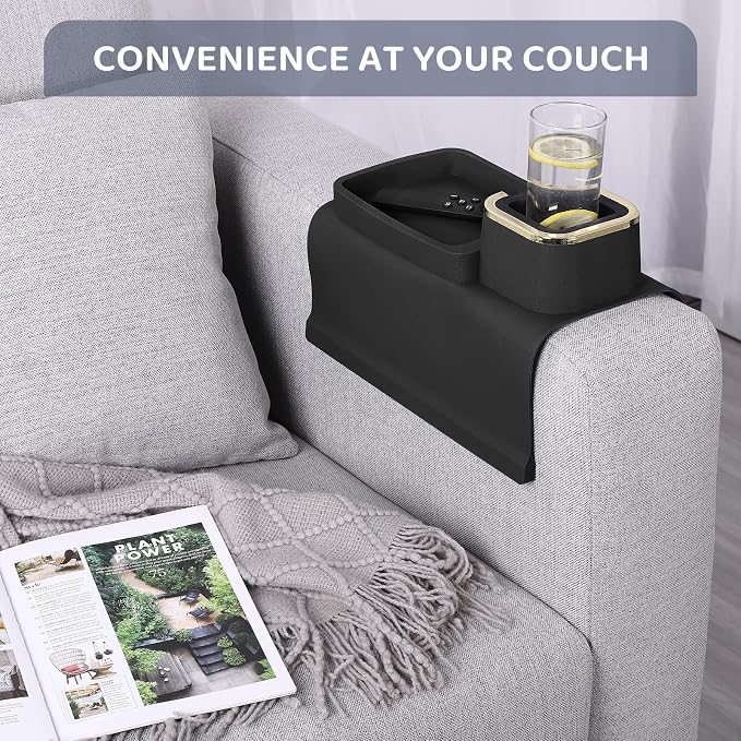 HMASYO Couch Cup Holder Tray – Weighted Silicone Sofa Armrest Organizer Table with Anti-Spill Coaster, Easy Reach for Drink, Snacks, Remote & Phone, Non-Slip Base, Easy Clean