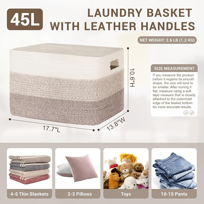 45L Small Woven Laundry Basket Hamper with Handles, Gradient Brown | collapsible wicker hamper, storage for dirty clothes, toys, blankets, gifts, living room, bedroom, bathroom, 18"x14"x11"