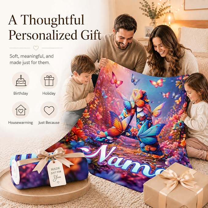 Custom Girls Blanket Kid Gift, Personalized Butterfly Sofa Throws Bed Decor | Monogram Blanket, Fluffy Flannel Throw, Multiple Sizes, Kids Teens Gifts