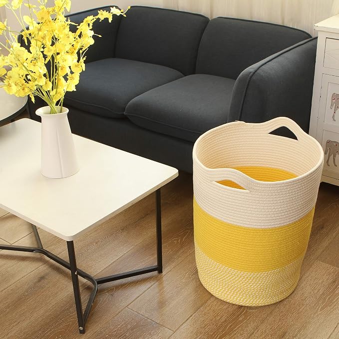 Sea Team Large Woven Cotton Rope Laundry Basket with Handles, 20 x 14 in | Collapsible Knitted Hamper, Closet Shelf Organizers, Containers for Clothing, Blankets, Toys, Bedding, Mottled Yellow