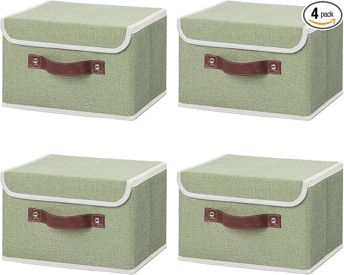 ANMINY Fabric Storage Box Bins with Lids, Green, 10"x8"x7", 4 Pack | Keepsake Memory Storage, Cotton Linen, PP Board Reinforced, Washable, PU Handles, Foldable & Stackable, Decorative, Small