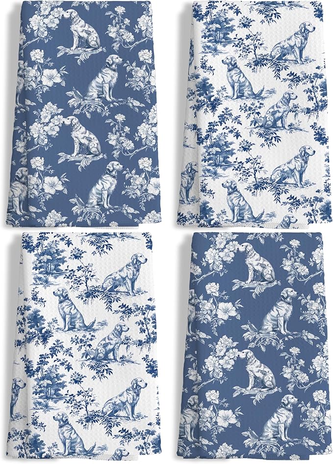 Chinoiserie Golden Retriever Kitchen Towels Set of 4,Blue and White Golden Retriever Floral Decorative Dish Tea Towels,Grandmillennial Botanical Dog Hand Towels for Kitchen Bathroom, 16x24 Inch