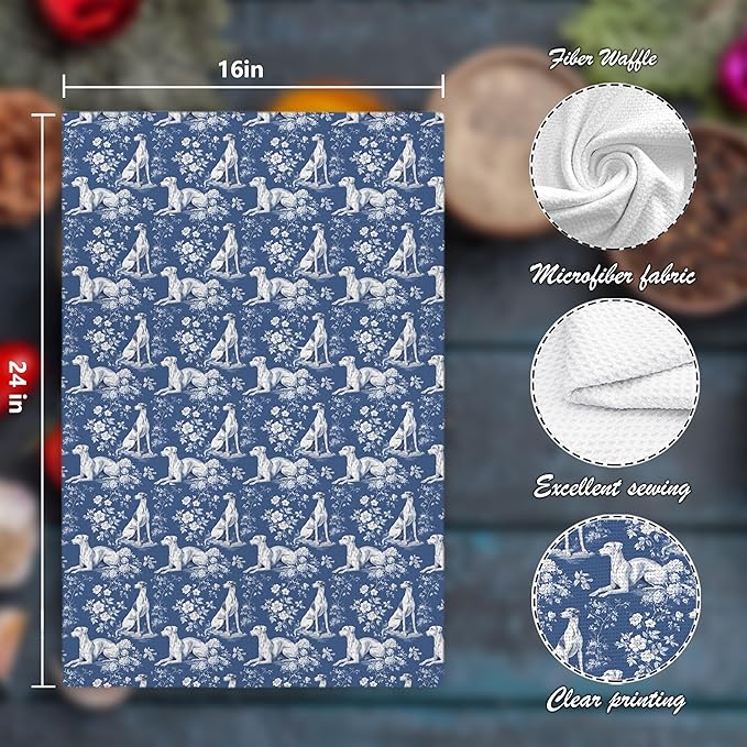 Greyhound Dog Gifts for Chinoiserie Floral Decor Kitchen Towels，Blue and White Greyhound Dog Grandmillennial Decorative Dish Tea Towels for Kitchen Bathroom,16x24 Inch