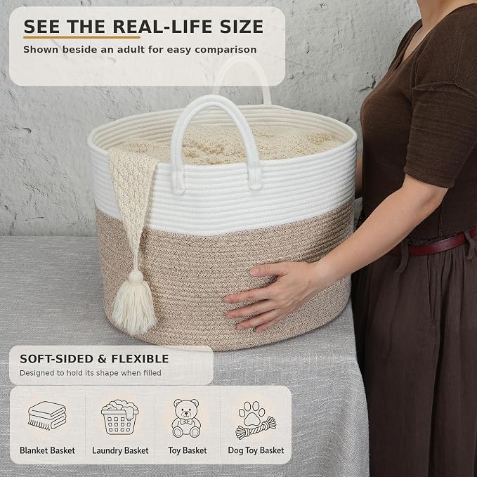 XUANGUO 66L Large Blanket Basket, Round Cotton Rope Basket, White & Brown | 20" x 13" Laundry Basket with Sturdy Handles for Blankets, Pillows and Toys; Storage for Living Room, Bedroom and Nursery
