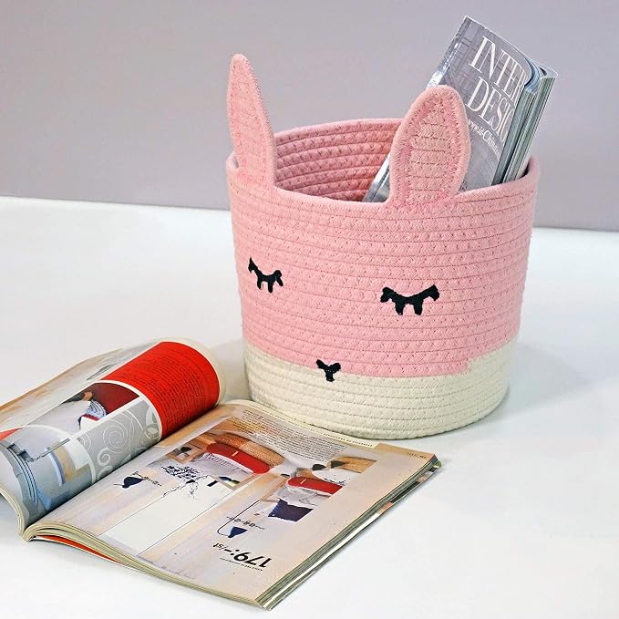 T&T Homewares Small Cute Pink Bunny Toy & Laundry Basket for Nursery Storage, Woodland Nursery Decor