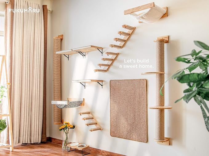 FUKUMARU Hammock Wall Mounted Cat Beds and Perches | Wooden Kitten Walls Furniture, Stable Cats Shelves, For Sleeping, Playing, Climbing, Lounging, Black Stripe