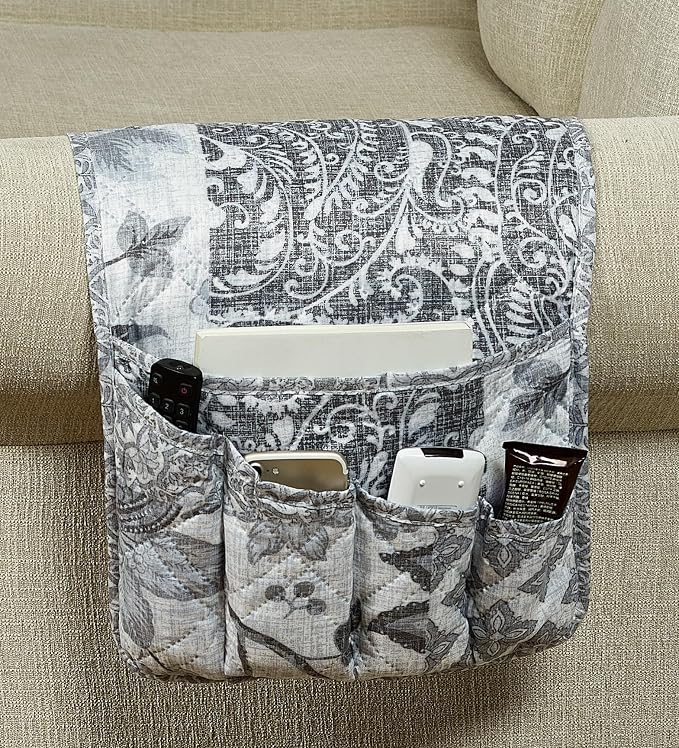 Brilliant Sunshine Grey Flowers Patchwork Couch Armrest Cover, 35"×13" | Washable Magazine Holder, Armrest Organizer & Caddy on Sofa, Recliner, Armchair, Storage for Remote Controls, Phone, iPad