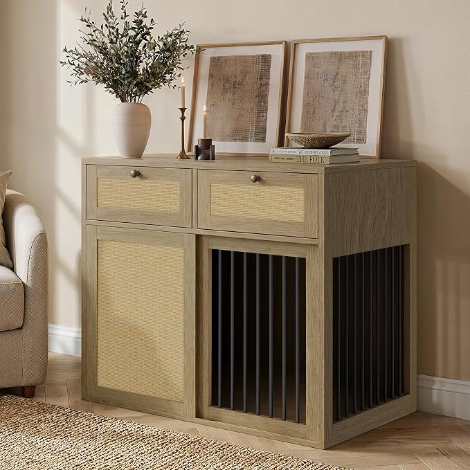 PureCozy Wooden Dog Crate Furniture, Right Unit, 40 Inch, Light Oak | Cane cabinet and metal sliding door with 2 storage drawers; furniture-style indoor kennel doubles as an end table.