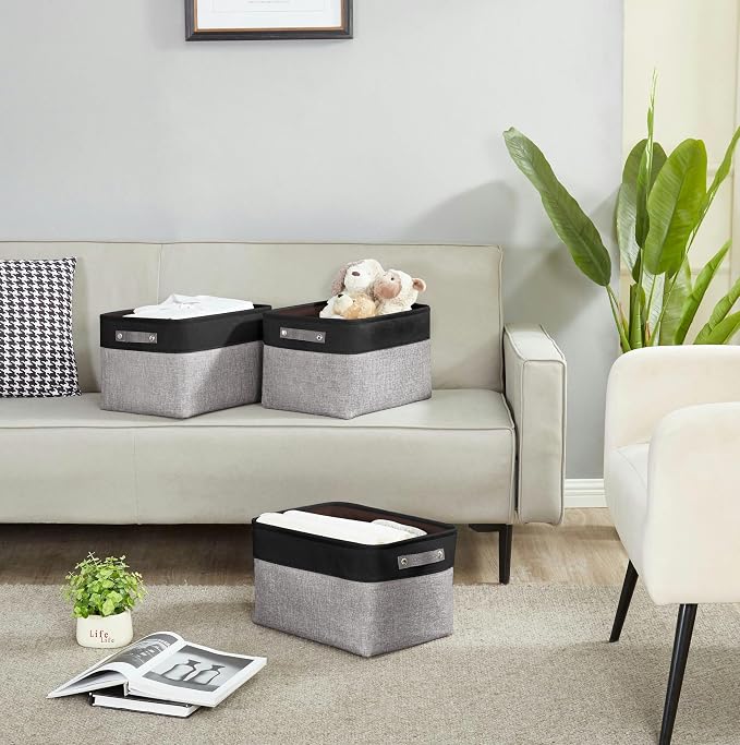 DECOMOMO Storage Bins, Large Fabric Storage Baskets for Shelves 3 Pack | 15 x 11 x 9.5 inches Decorative Linen Closet Organizers (Grey & Black)