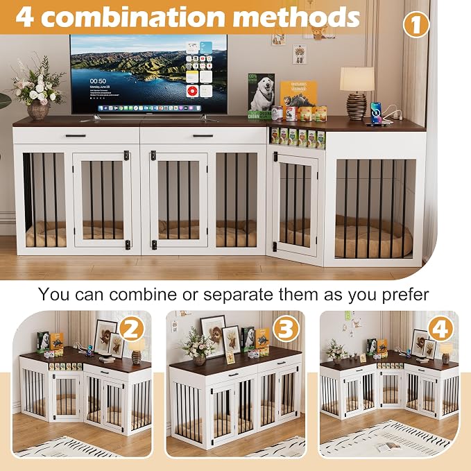 PAKASEPT 3 in 1 Extra Large Corner Dog Crate Furniture for 3 Dogs,Wooden Dog Crate Kennel with 2 Drawers,Divider,Power Outlet,Heavy Duty Double Dog Kennel TV Stand Indoor for Small,Medium,Large Dogs