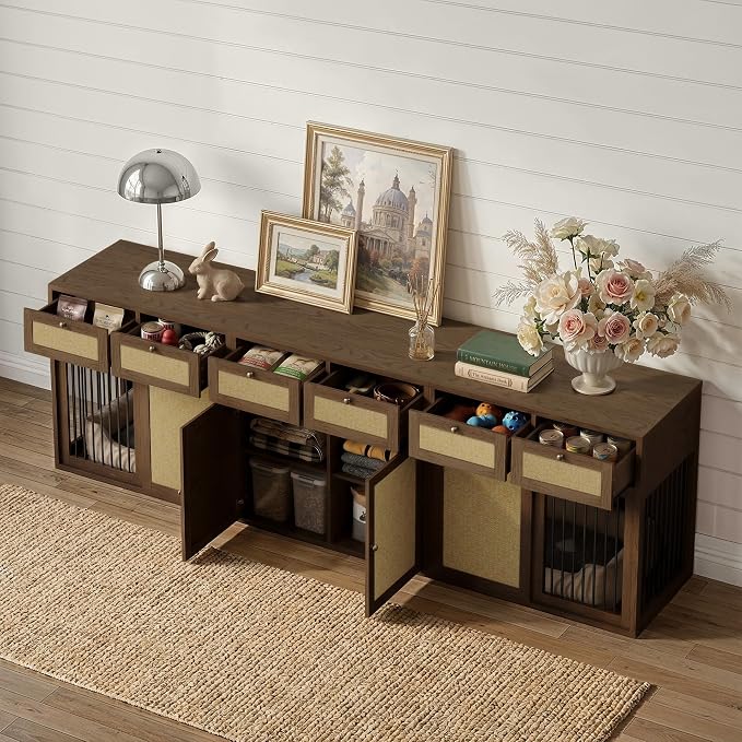 PureCozy 3-Piece Double Dog Crate Furniture, 120 Inch, Dark Oak | Left and right kennels for 2 dogs plus center cane storage cabinet; metal sliding doors and 6 total drawers.