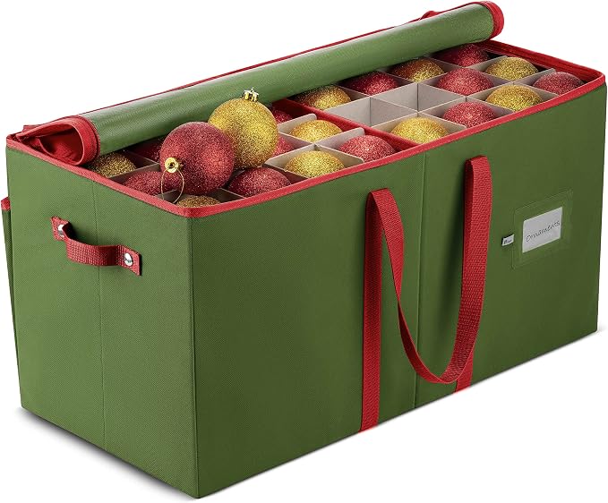 ZOBER Large Christmas Ornament Storage Box - Stores 128 3" Ornaments, With Dividers - Ornament Organizer Storage Box, Durable Christmas Containers Holder - Extra Pockets, Dual Zipper - Green
