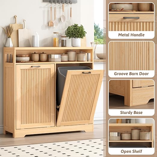 13 Gallon Double Tilt Out Trash Can Cabinet with Open Shelf & Storage - Pet Proof Hidden Recycling Cabinet & Wooden Laundry Hamper for Kitchen, Bathroom, Living Room, Natural Wood