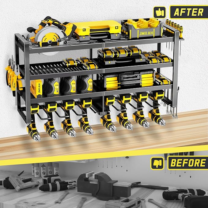 Power Tool Organizer Wall Mount,4 Layers Heavy Duty | Storage Rack with 8 Drill Holder, Easy Installation, Tool Organizer Wall Mount for Garage Workshop and Home Organization.