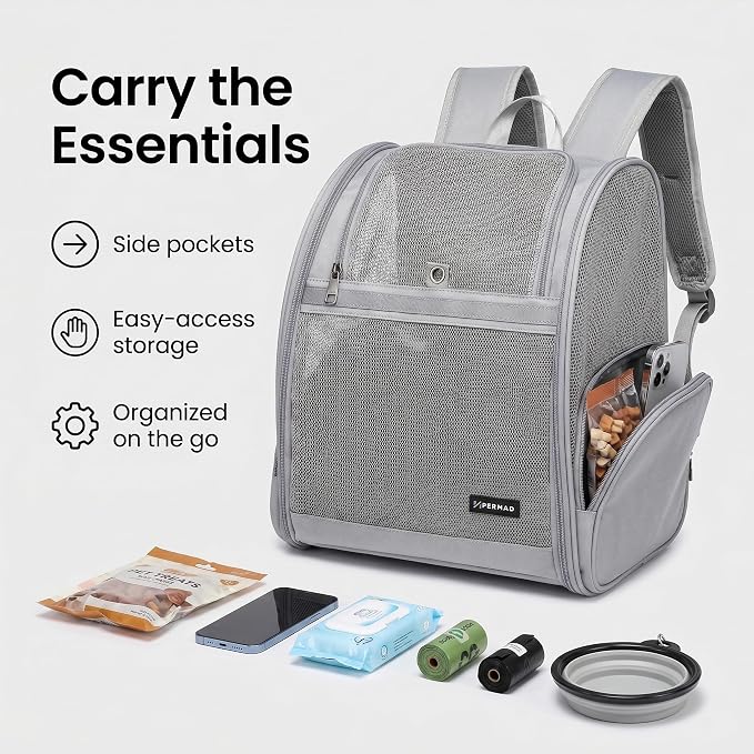 Cat Backpack Carrier for Small Dogs and Medium cat Puppy Kitten Bunny Pet Carrier Backpack Collapsible with Fully Ventilated Mesh with Safety Leash (Gray, 12.9" L x 10.62" W x 15.5" H - M)