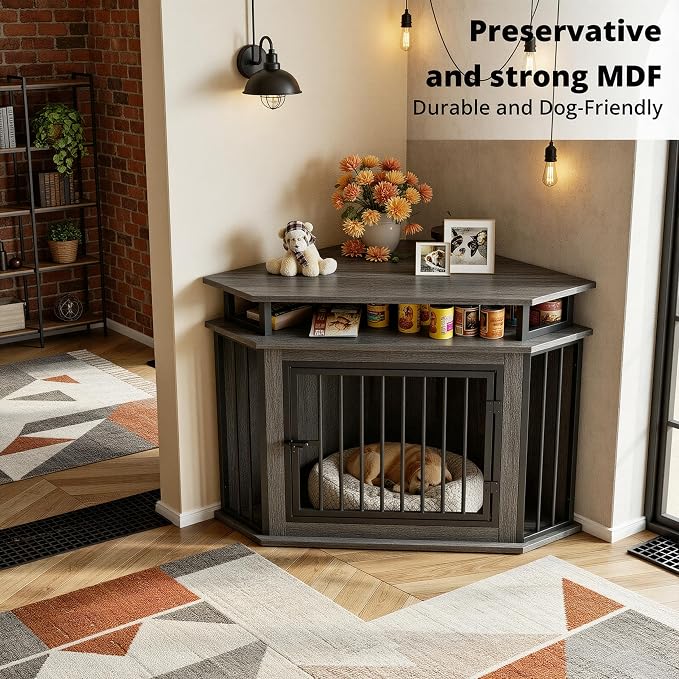 IRONCK 43.3" Corner Dog Crate Furniture with 2-Tier Shelves Gray | 10mm thickened iron frame. 2-tier storage shelves and 180 lb tabletop. 23.6"L x 43.3"W x 32"H. Space-Saving Indoor crate.