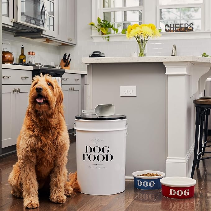 Harry Barker Bon Chien Dog Food Storage Canister – Large 11 gallon, Airtight Stainless Steel Pet Food Container, Stylish Kitchen Counter Dog Kibble Storage with Easy-Open Lid - White